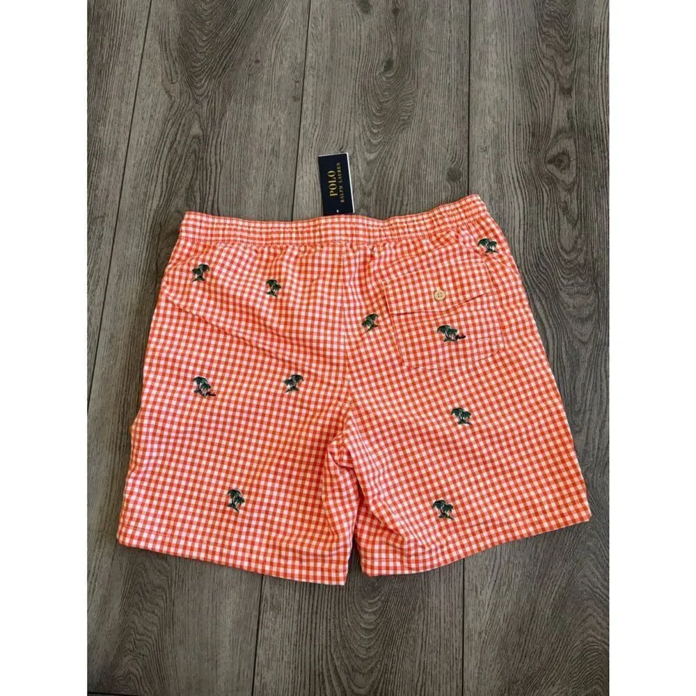 Ralph Lauren Orange and White Gingham Swim Trunks with Palm Embroidery